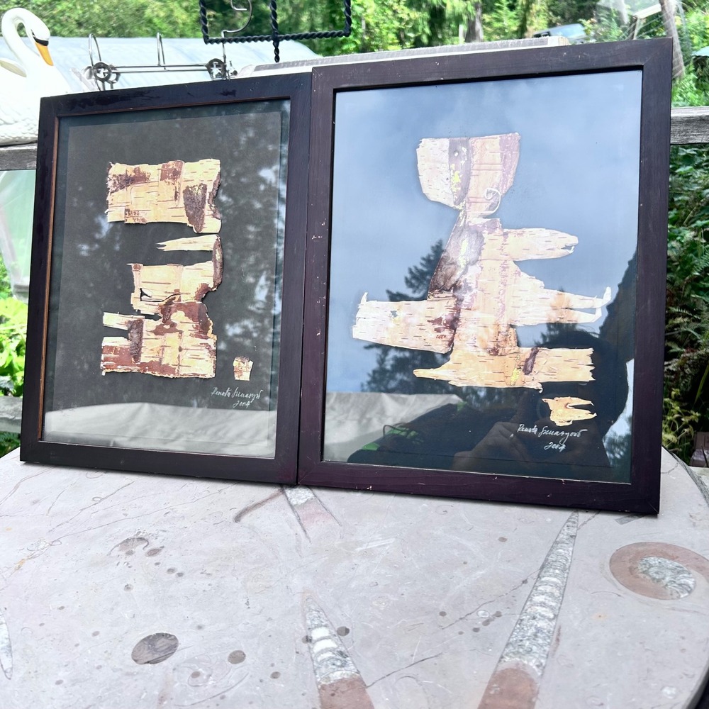 Vintage Birch Bark Collage Art Pair Large Brown Wood Rustic Cabin Core Handmade